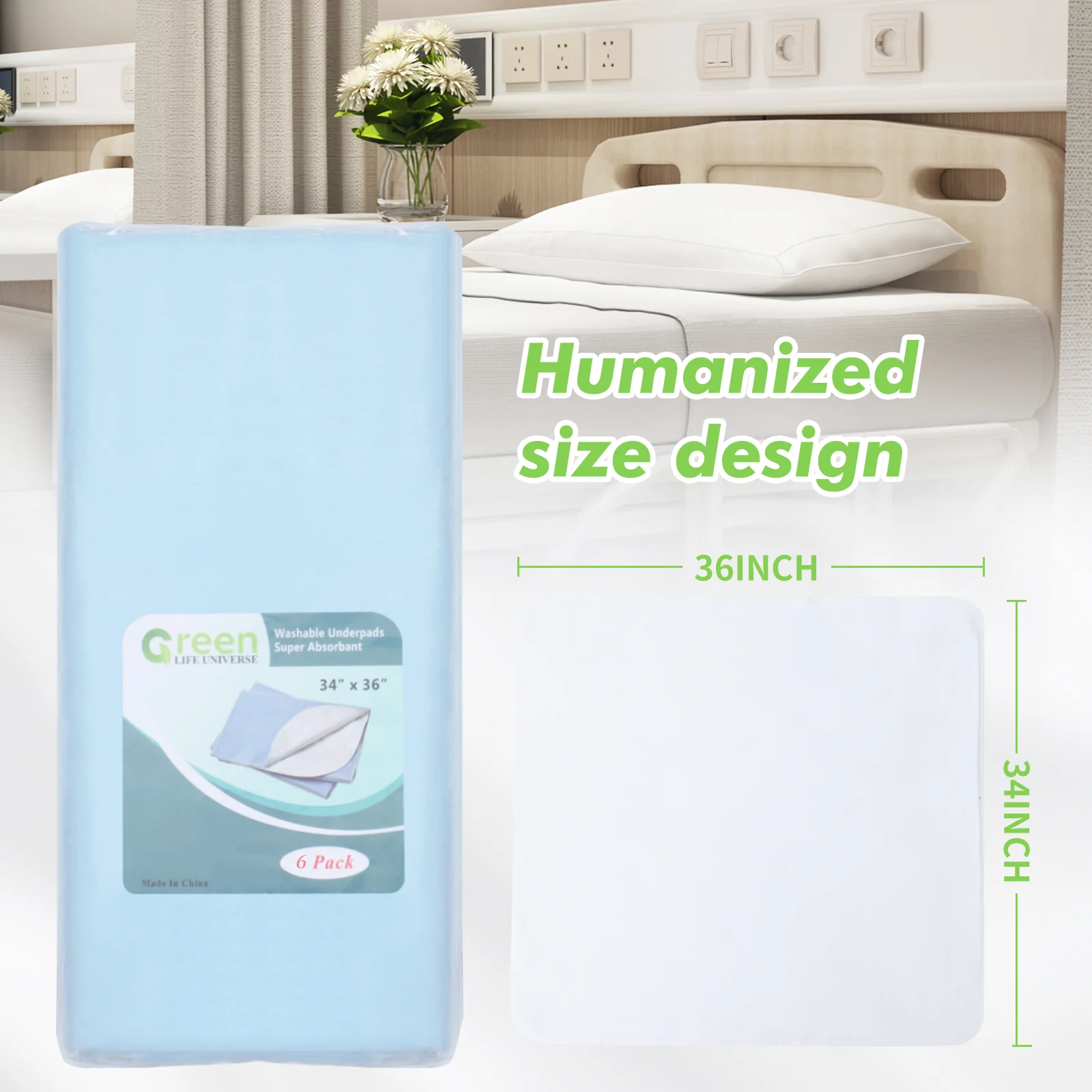 BLUE WASHABLE UNDERPADS 34”x36“ - Incontinence Bed Pads Large Washable Underpads Reusable Waterproof Pee Pad Puppy for Adults Human Dog Bed Cat Pet Elderly Green Life Universe 6 Pack - Image 4