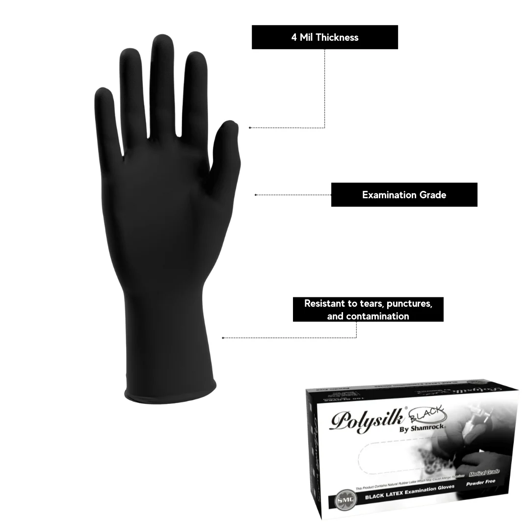 Polysilk by Shamrock Black Latex Gloves - Exam Grade, Powder Free (4 Mil), 100 Cases (Bulk) - Image 4